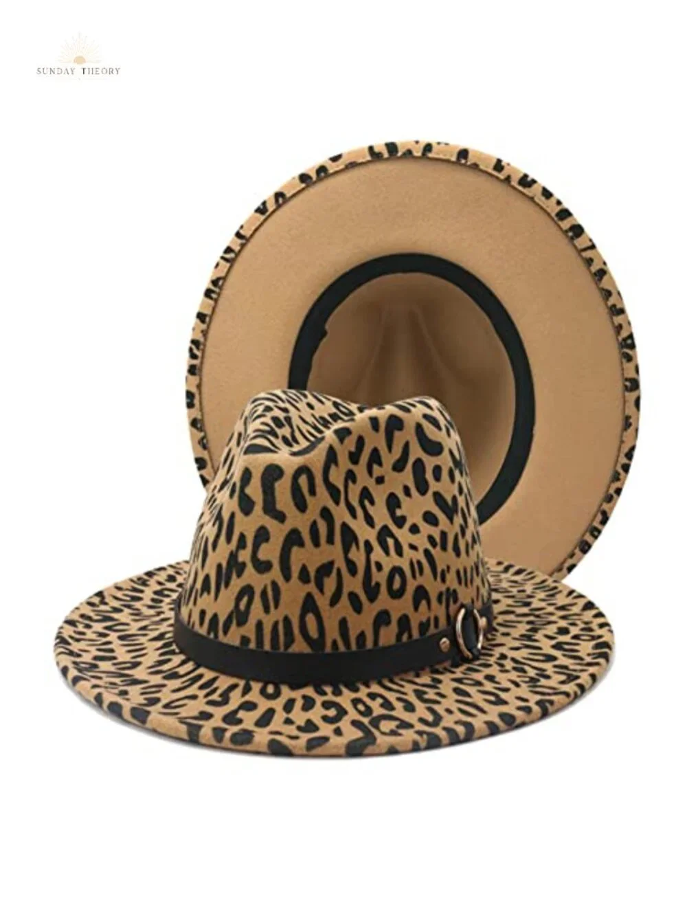 Womens Wide Brim Felt Fedora Panama Hat Leopard Print Belt Adjustable Sun